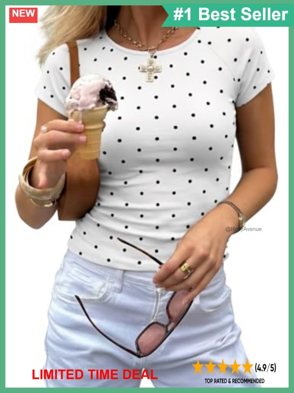 Cotton Spandex Polka Dot Crewneck Slim Fit Short Sleeve Tee